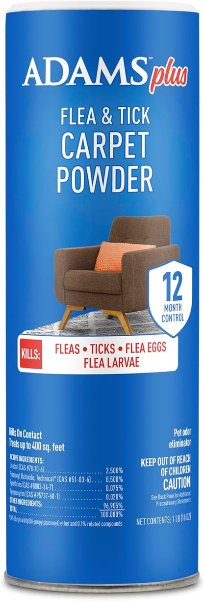 ADAMS Plus Flea & Tick Carpet Powder, Kills Fleas and Ticks On Contact, Kills All Stages of The Flea Life Cycle, 30 Day Protection, Freshens and Deodorizes, Treats Up to 400 Square Feet, 16 Ounces