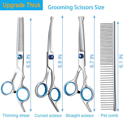5 in 1 Upgraded Thicken Dog Grooming Scissors, Professional Dog Scissors for Grooming with Safety Round Tips, Lengnoyp Stainless Steel Thinning Shears, Pet Cat Shears for Grooming Kit