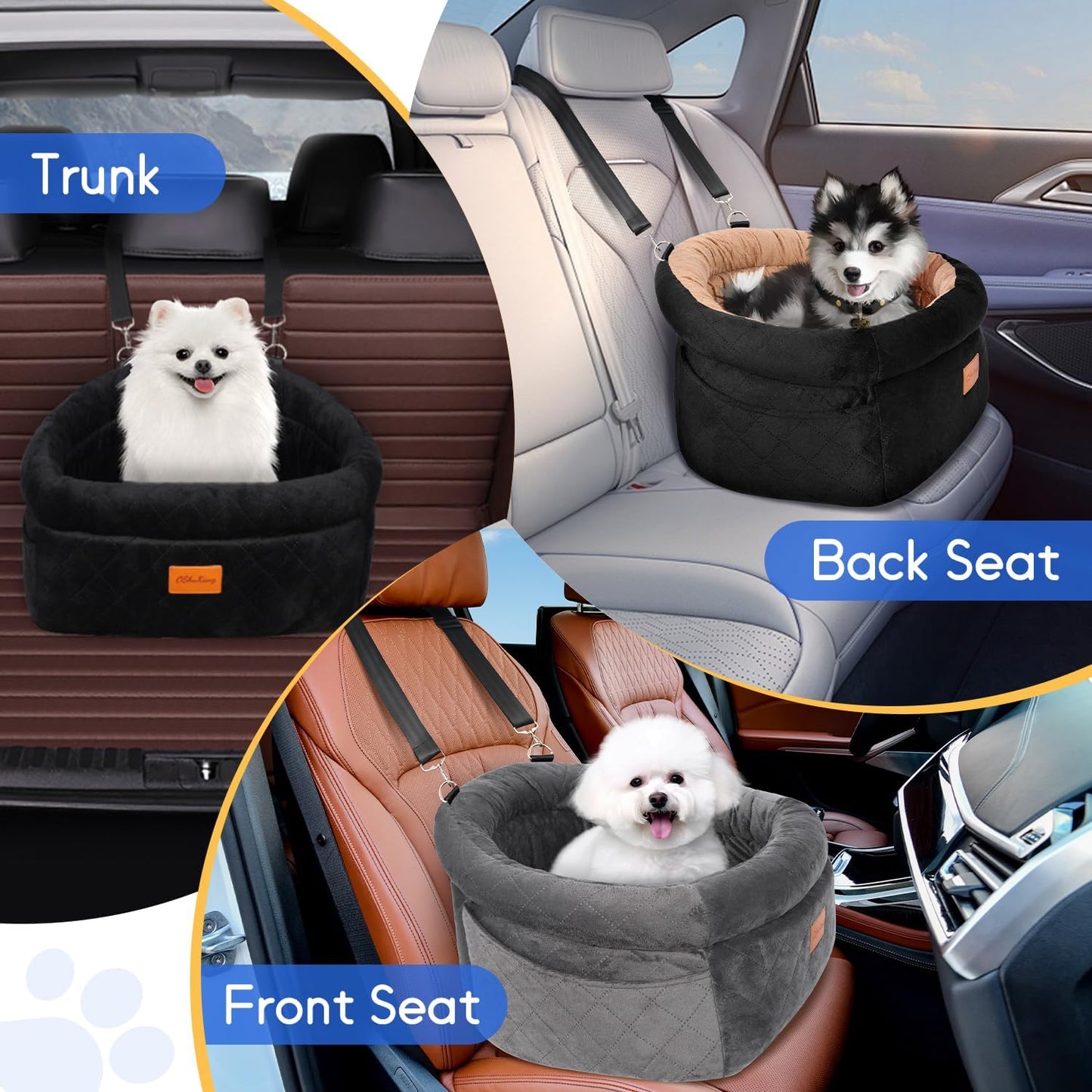 Cozy Dog Car Seat for Small Dogs Up to 30lbs, Elevated Memory Foam Booster Seat, Pet Travel Bed with Washable Removable Cover & Storage Pockets (Black)