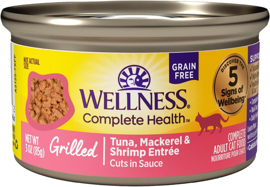 Wellness Complete Health Grilled, Adult Wet Cat Food, Natural, Protein-Rich, Grain-Free, Canned, 3 Ounce, 12 Pack, (Tuna, Mackerel & Shrimp Entrée Recipe)