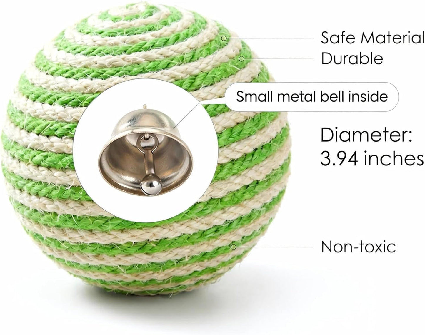 Sisal Ball Cat Toy for Teething and Play, Crinkle Sound Interactive Toys for Self-Entertainment and Boredom Relief for Cats（Green and White）