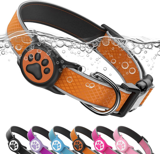 Airtag Dog Collar, IPX8 Waterproof Air Tag Dog Collar Holder | Reflective Ultra-Durable | Soft Padded | Safety Locking Buckle | Fit Miedium Dogs (Orange M(12.6"-19.6"))