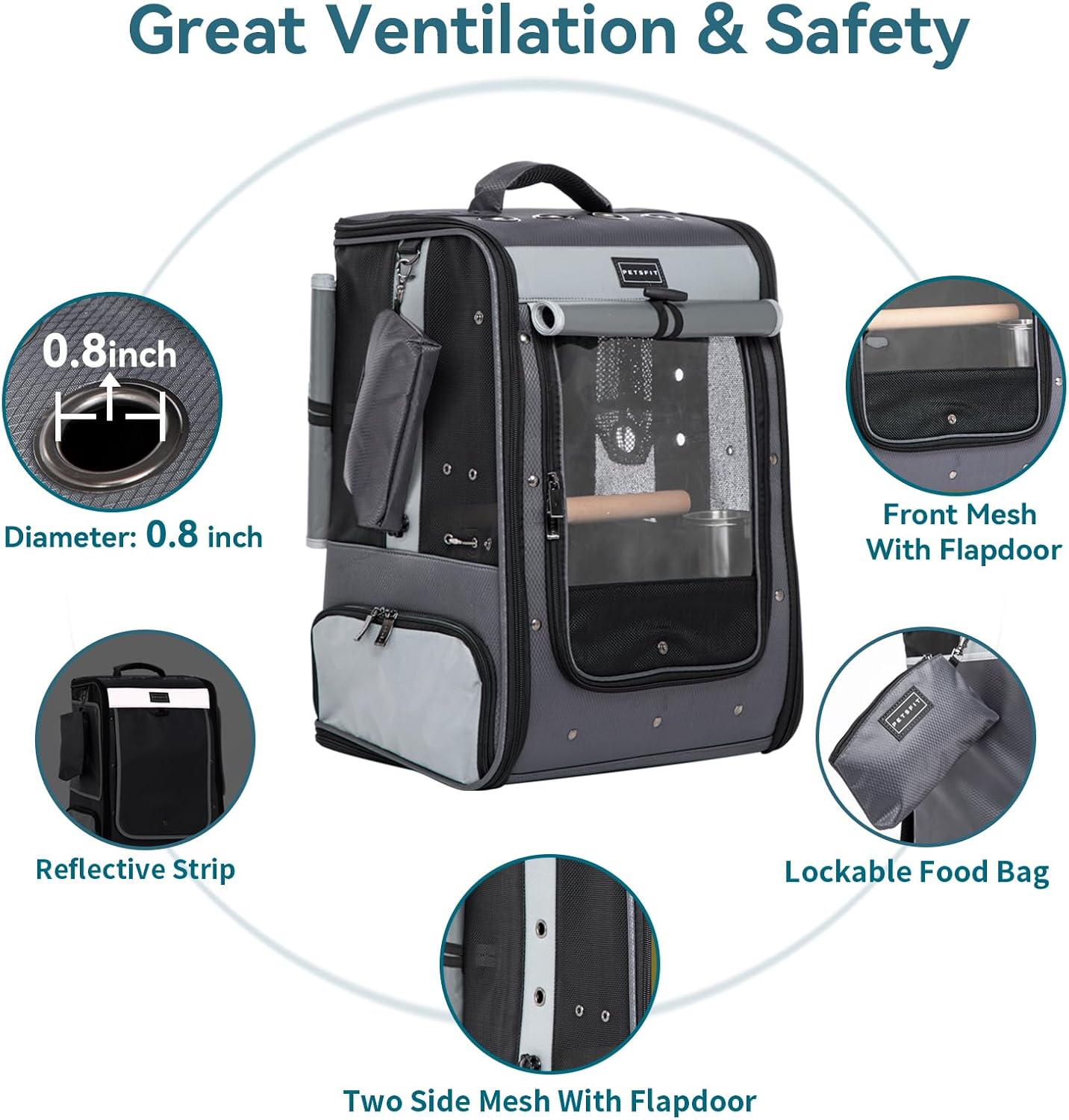 Petsfit Bird Carrier with Shade Cover,Adjustable Height Standing Perch and Great Ventilation, Fit for Medium/Large Sized Birds(Large, Grey1)