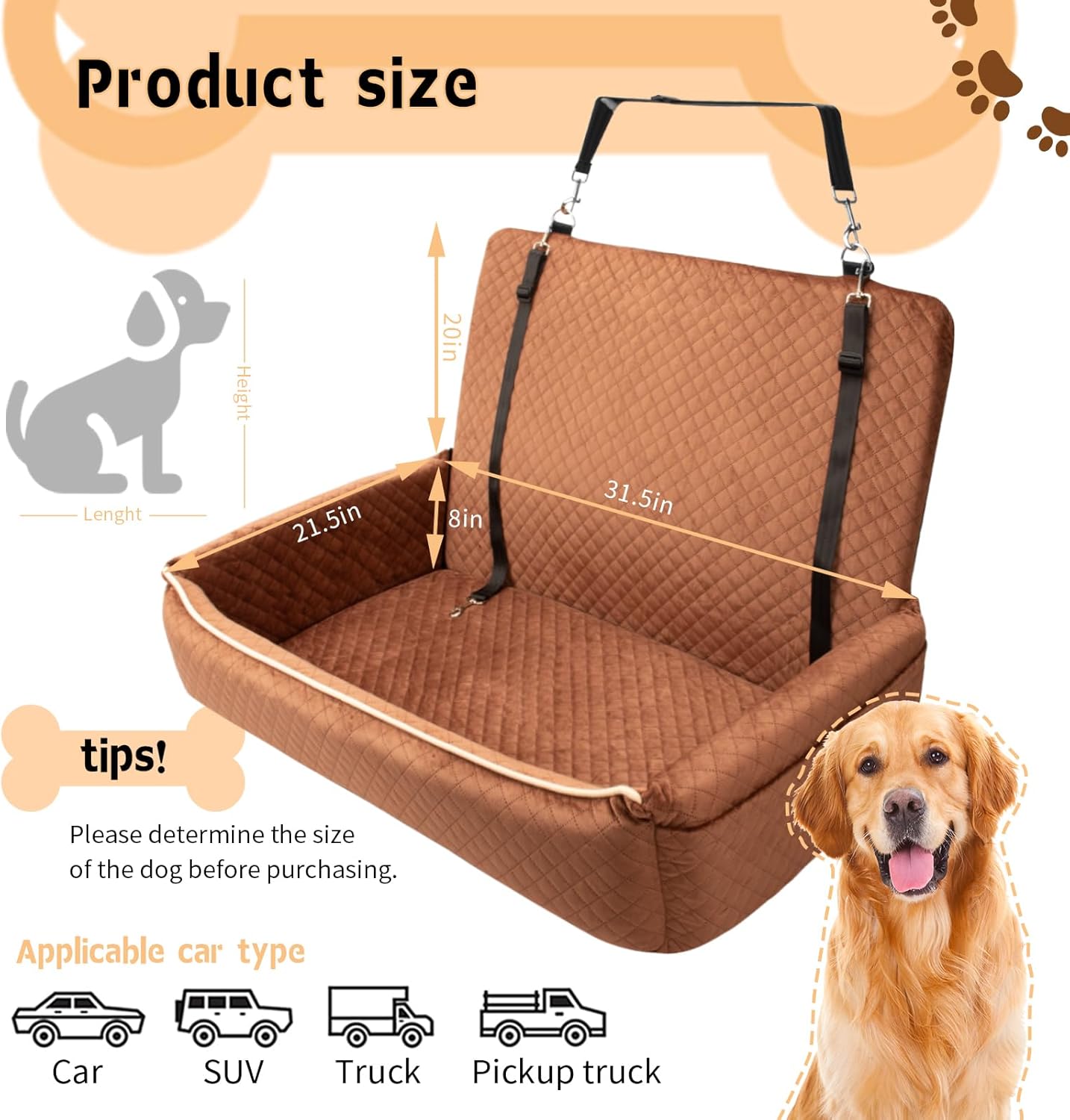 Large Dog Car Seat Under 60 lbs or 2 Small Dogs,Dog Bed for Car Back Seat with Seat Belt Fixation,The Seat Fabric Soft and Comfortable,Size is 31.5in x 20in x 21.5in,Removable and Washable.(Brown)