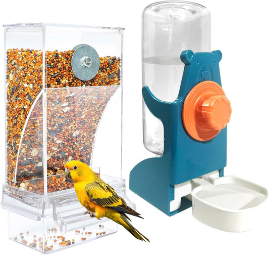 VERTUPET No Mess Bird Feeders with Water Dispenser Automatic Transparent Acrylic Food Container Drinker for Cage Automatic Parrot Feeder Seed Container Cage Accessories (Blue)