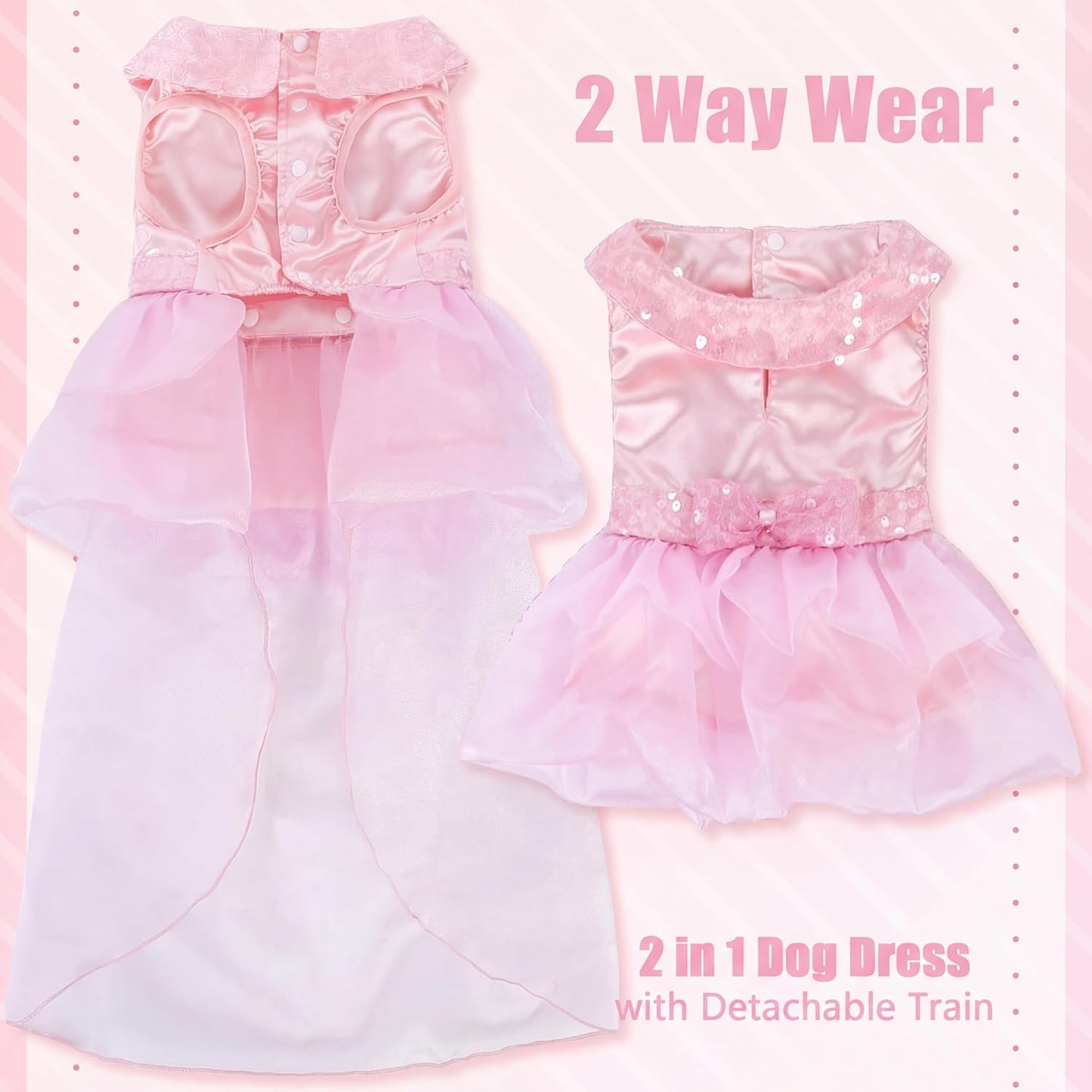 Dog Dress for Small Medium Large Dogs Pet Princess Wedding Dress with Detachable Train Multi-Layer Organza Girl Puppy Tutu Skirt Bowknot Sequin Decor Birthday Cat Clothes(Pink, XS)