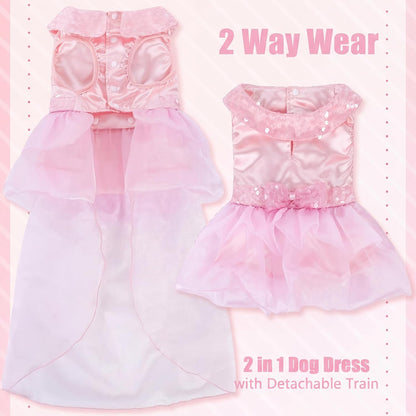 Dog Dress for Small Medium Large Dogs Pet Princess Wedding Dress with Detachable Train Multi-Layer Organza Girl Puppy Tutu Skirt Bowknot Sequin Decor Birthday Cat Clothes(Pink, XS)