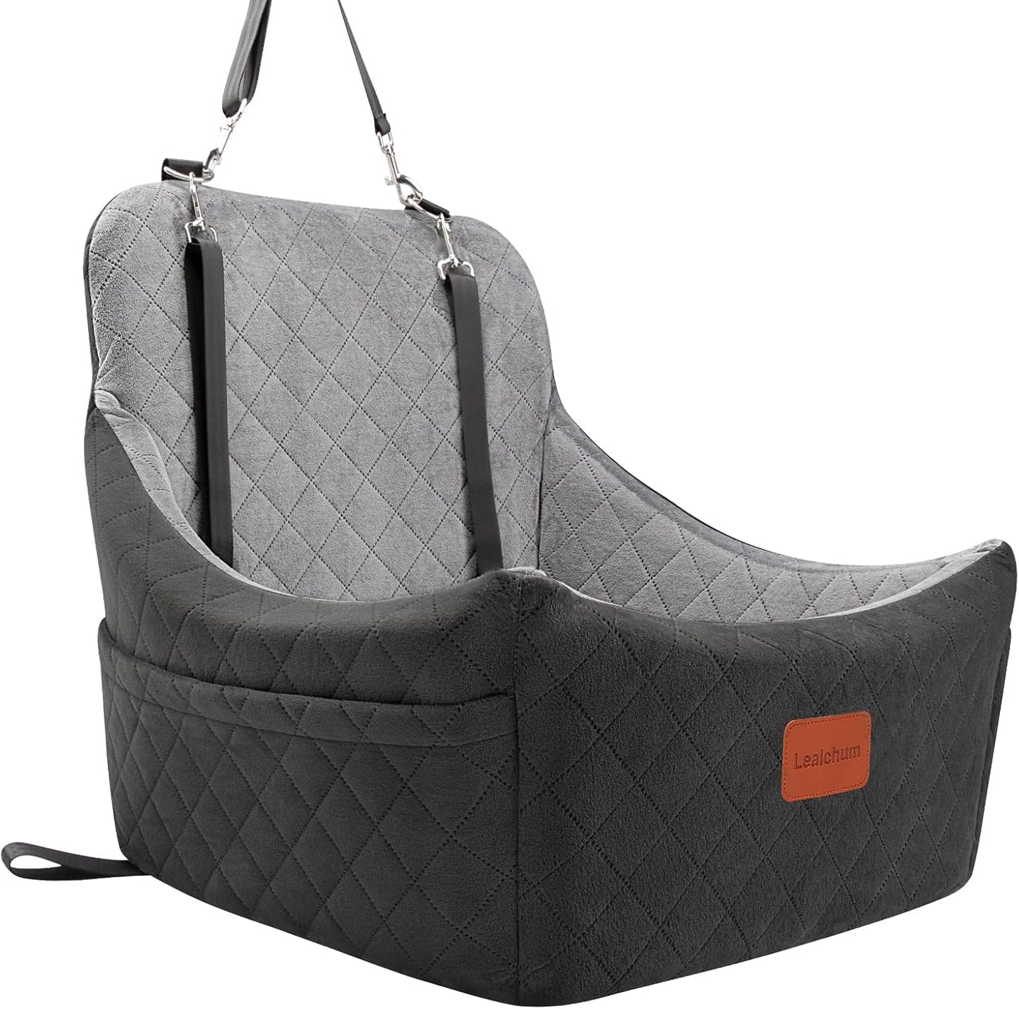 Dog Car Seat for Medium Dogs Up to 40lbs,Fully Detachable and Washable,Memory Foam Covered Soft Fabric,Easy to Install with Adjustable Straps,Anti-Slip Base,2 Side Pockets(Black/Grey,Medium)