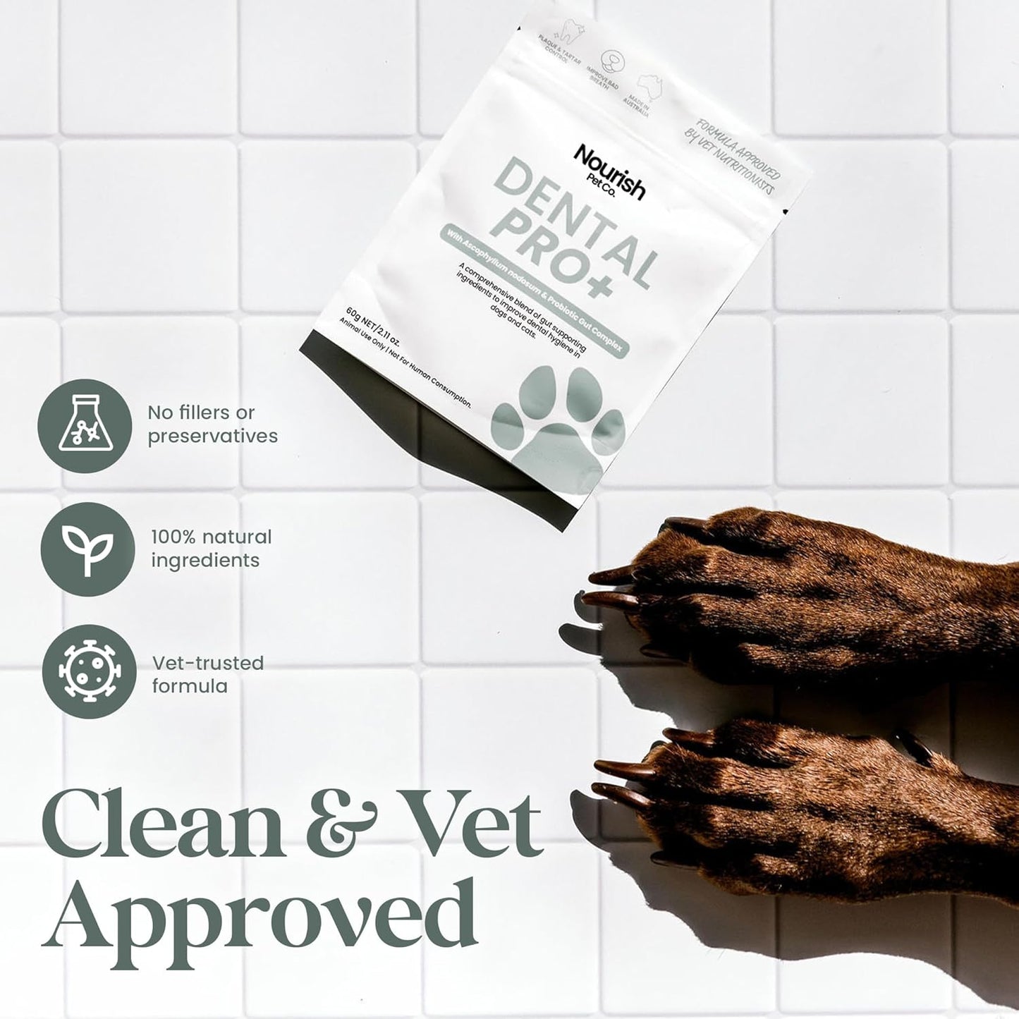 Nourish Pet Co. Dental Pro+ Pet Dental Powder, Cat & Dog Teeth Cleaning Powder, Breath Freshener, Fights Plaque and Tartar, Natural Ingredient Food Topper, 60 Servings