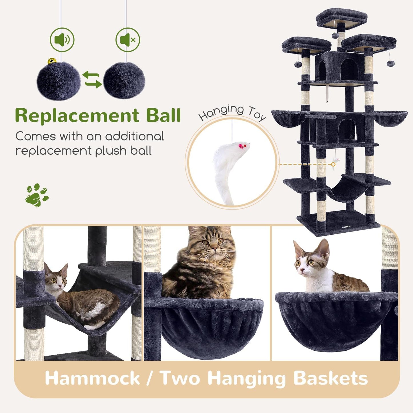 Globlazer Big Cat Tower for Indoor Cats, 80inch Cat Tower for Multiple Adult Cats XXL Cat Tree with Scratching Post, Hammock, 3 Perches, 2 Condos, 2 Hanging Basket, F80, Dark Grey