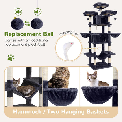 Globlazer Big Cat Tower for Indoor Cats, 80inch Cat Tower for Multiple Adult Cats XXL Cat Tree with Scratching Post, Hammock, 3 Perches, 2 Condos, 2 Hanging Basket, F80, Dark Grey