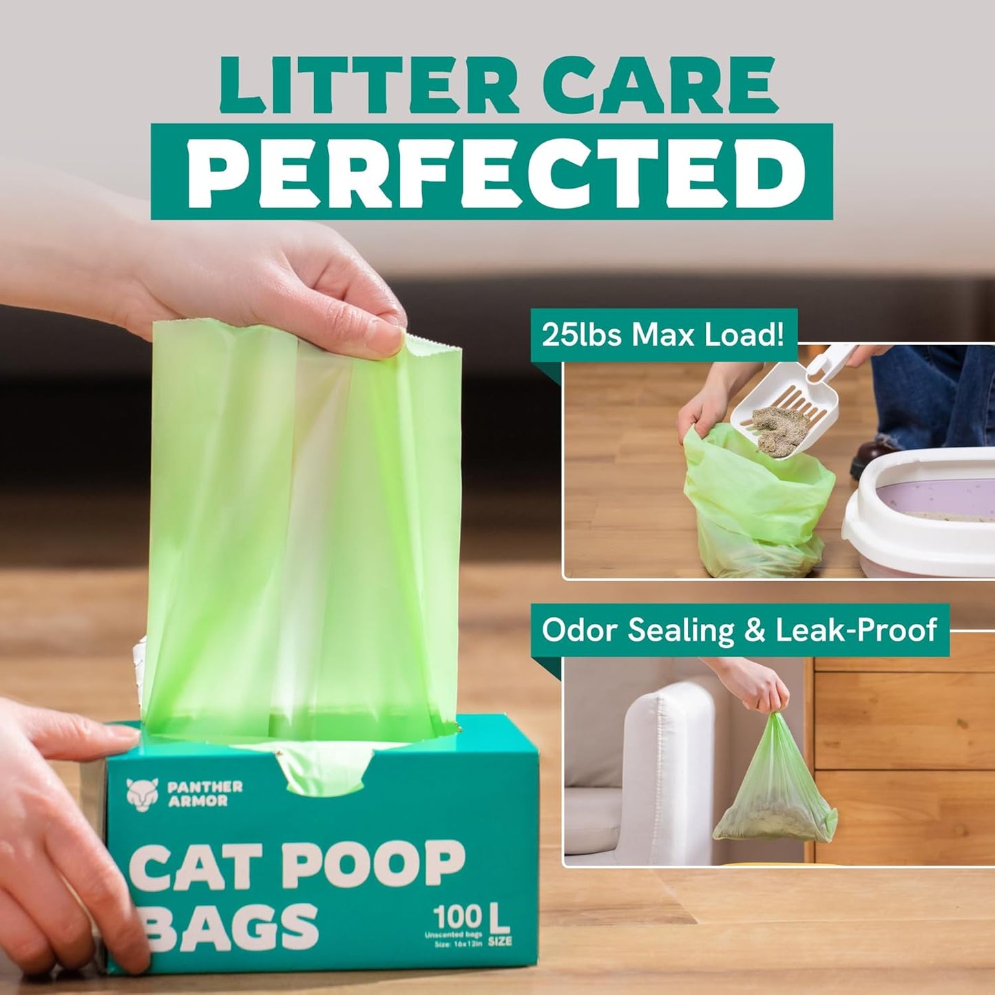 Panther Armor Cat Litter Bags, 100 Large Compostable Unscented Poop Bags -16x12in Super Large Kitty - Leak Proof Box Trash - Odor Proof Cat Disposal