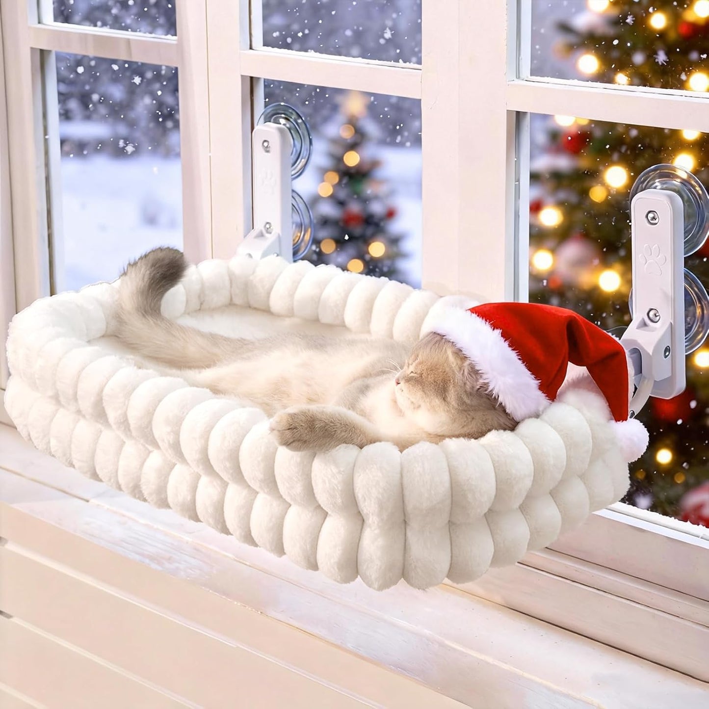 CHEERPALS Cat Window Perch for Indoor Cats Hammock for Window with Reversible Cushion, Foldable Cat Window Bed for Large Cats and Kittens(White,Medium)