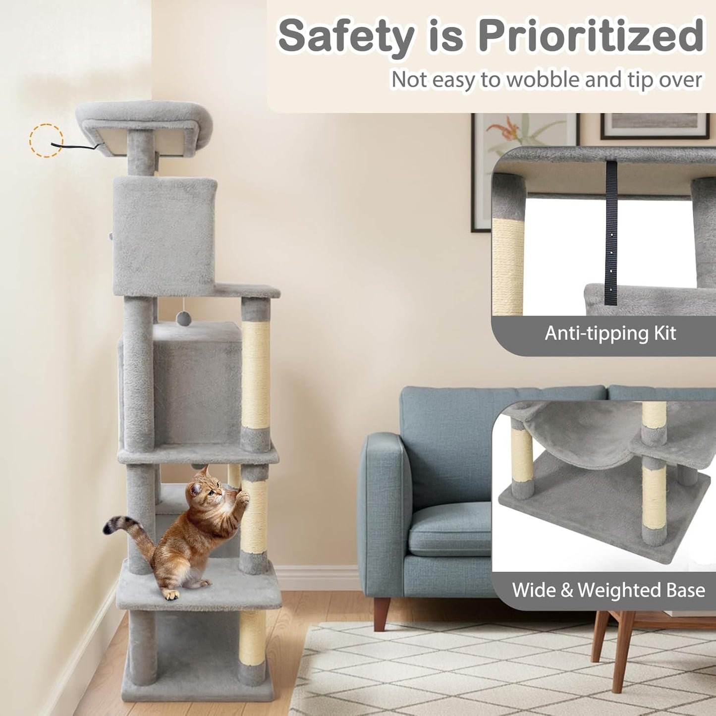 Tangkula 70 Inch Tall Cat Tree, Multi-Level Large Cat Tower with Sisal Scratching Posts, Plush Top Perch, 2 Condos, Hammock, 2 Dangling Balls, Cat Tree Tower for Indoor Cats Large Adults (Light Grey)