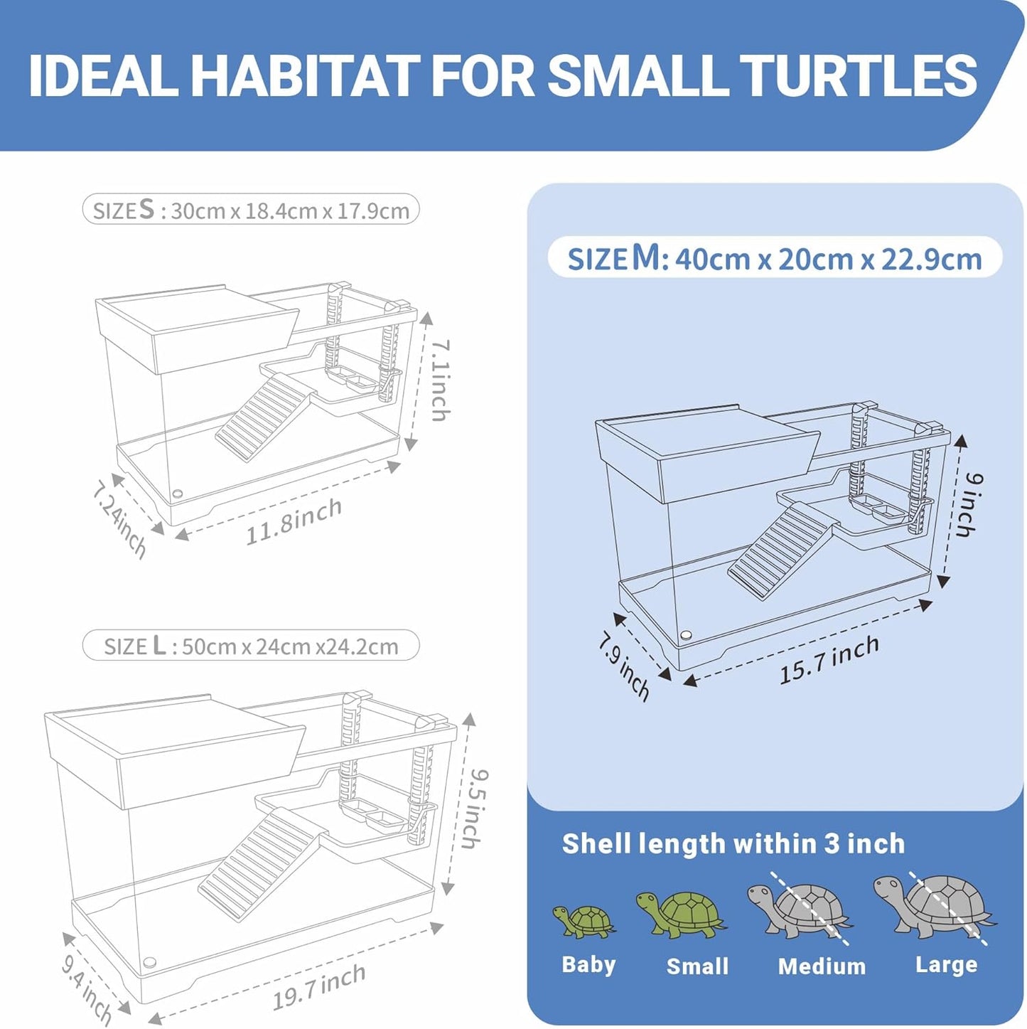 GOZILLA Aquatic Turtle Tank+Lamp+Filter Kit, Upgrade PC Turtle Tank Starter Kit with Adjustable 360°Lamp & Filter,Reptile Habitat Lid,Hanging Platform for Small Reptiles.(15.75×7.9×9''/Black)