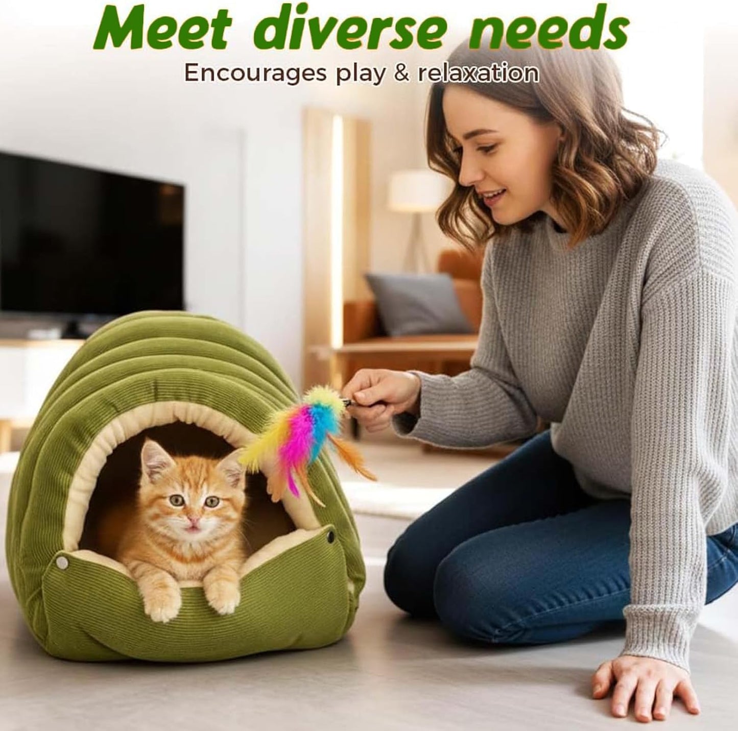 Cat Dog Cave Bed, 2026 New Winter Cave for Dog and Cat, Warm Plush Covered Cat House with Removable Cushion, Soft Sleeping Bed for Indoor Cats(Green,L)
