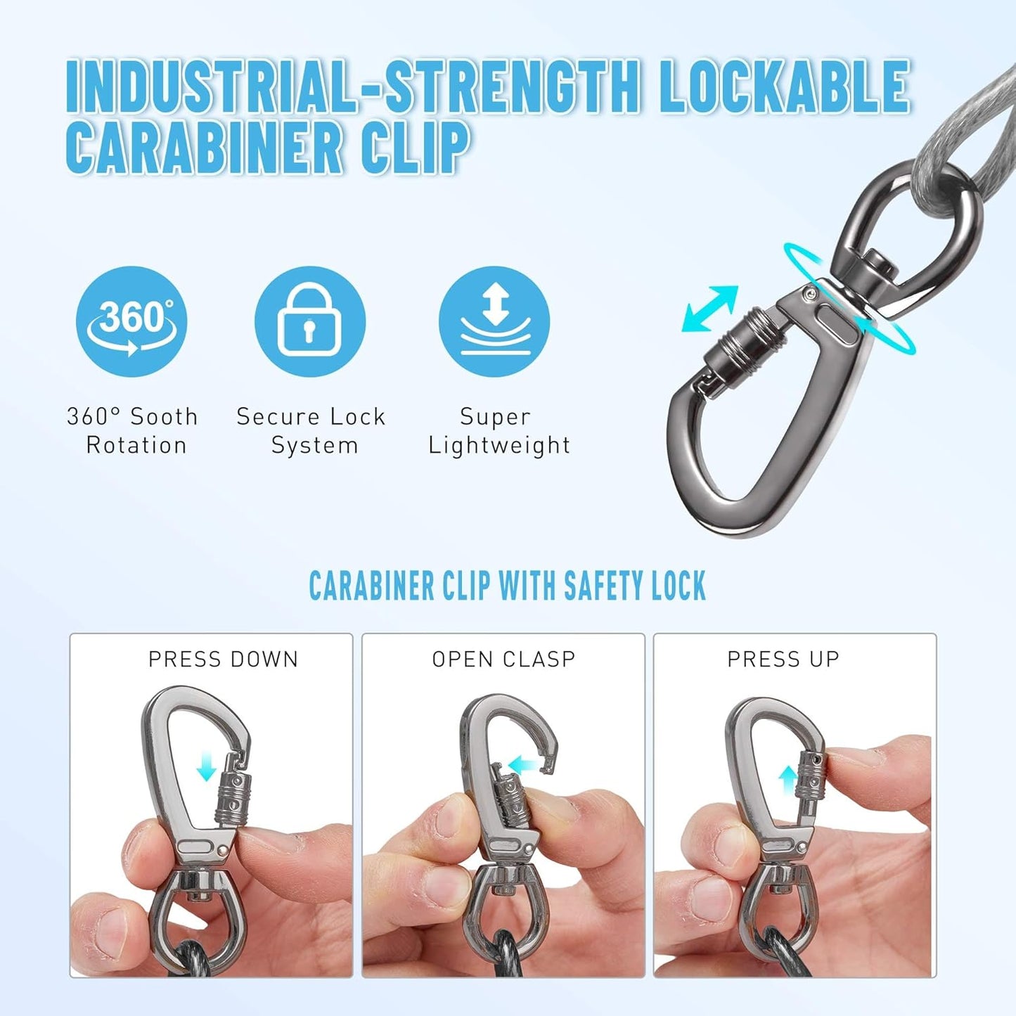 Tie Out Cable for Dogs Heavy Duty, 10/15/20/25/30/50FT Long Leash Chew Proof, Tangle-Free Dog Lead with Swivel Hook & 360° Smooth Rotating, Dog Runner for Yard, Outside, Camping-Up to 400 pounds