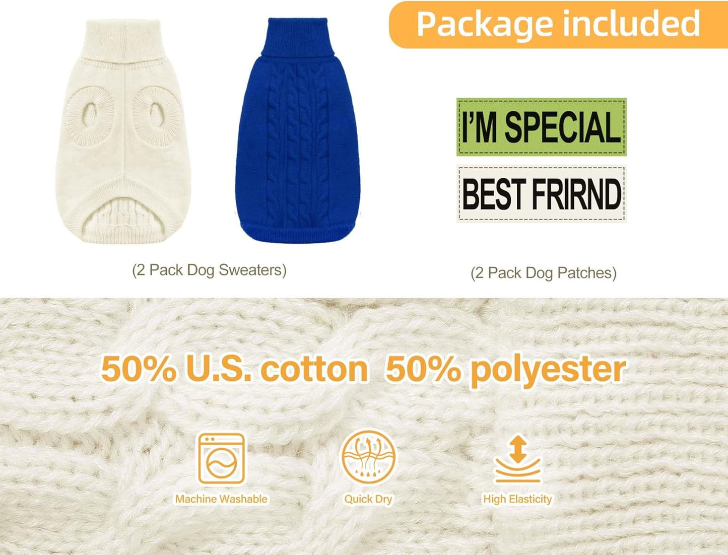 2 Pack Dog Sweaters for Small Dogs - Puppy Medium Warm Clothes in Winter, Turtleneck Pullover Design for Boy Girl Pet, Doggie, Cat, Kitten Chihuahua Bulldog Pug Beagles (S, Blue, Beige)