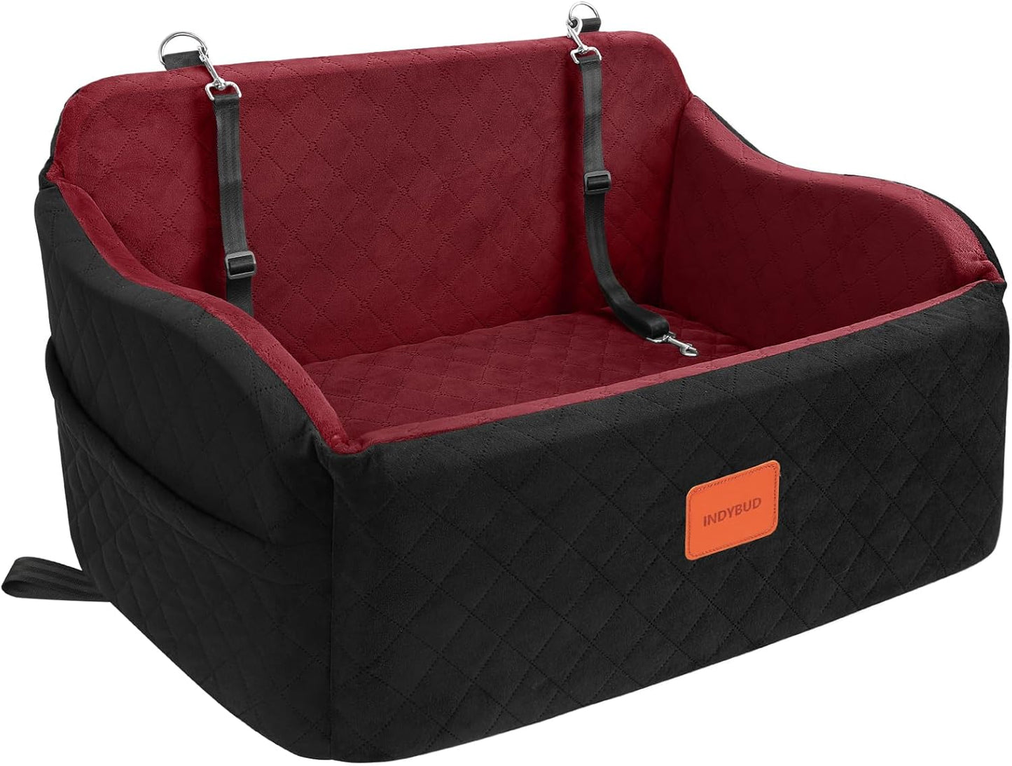 Dog Car Seat for Medium/Large Dogs, Memory Foam Pet Booster Seat for Under 55 lbs or 2 Small Dogs, Detachable Dog Car Bed for Backseat with 2 Safety Leashes and Pockets (Black/Red, Large)
