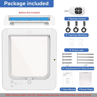 Smart Cat Door for Interior & Exterior, Cat Pet Door with 3 Collar Sensor Keys & 1 Remote Control & 4 Way Locking Cat Flap with RFID Collar Activated Opening Cat Door (White)