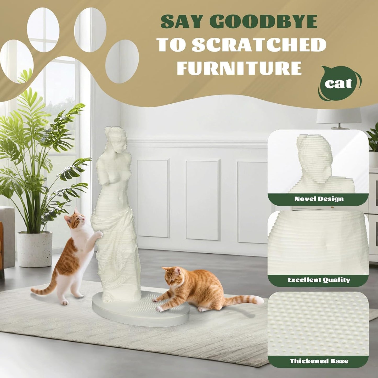 Venus de Milo Art Inspired Cat Scratching Post, White Classical Sculpture Design, Premium Indoor Cat Furniture, Decorative Statue Scratcher with Durable Base