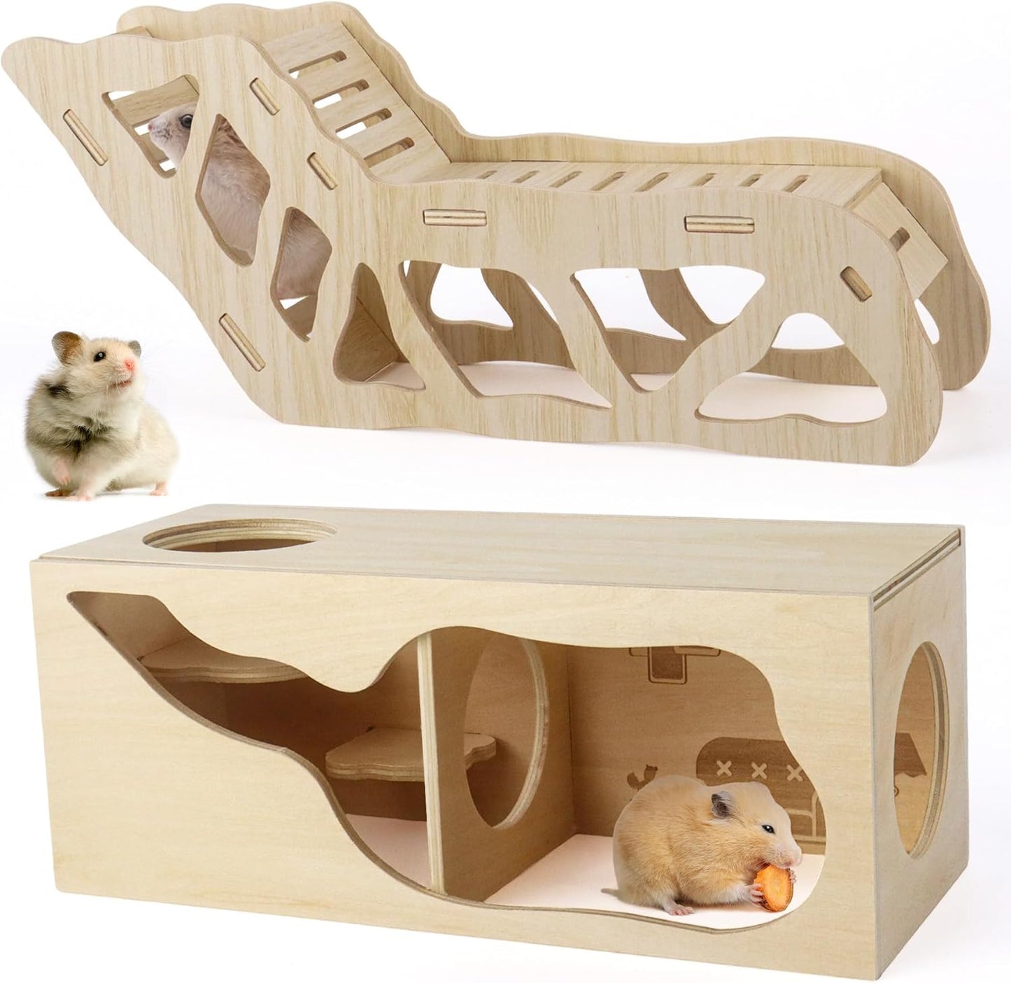 2Pcs Hamster House and Tunnel, Wooden Exploring Tunnel with Ladder, Small Animal Playground Exploring Toys for Syrian Dwarf Hamsters Gerbils Guinea Pig