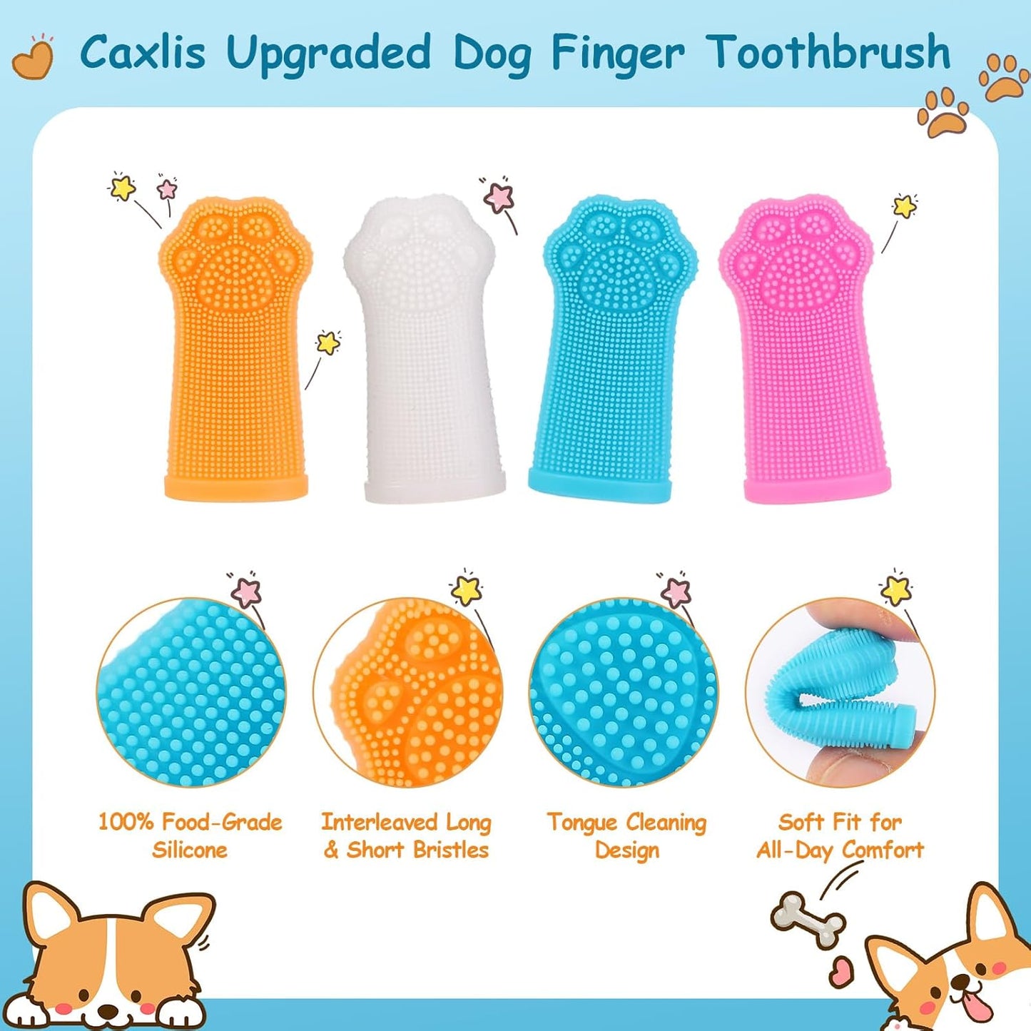 4-Pack Silicone Dog Finger Toothbrush, 360° Dog Tooth Brushing Kit, High-Efficiency Teeth Cleaning, Pet-Friendly Finger Toothbrush, Complimentary Travel Case