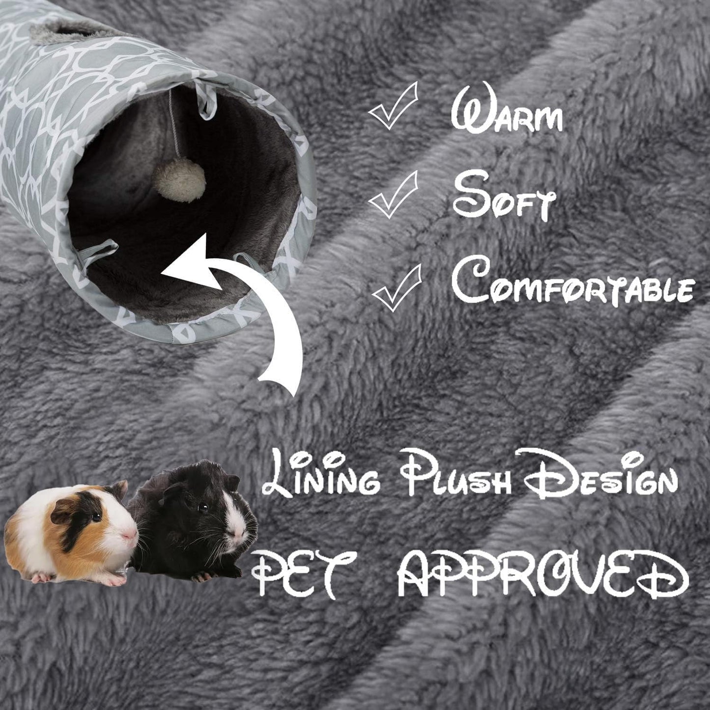 LUCKITTY Plush Inside Stright Shape Small Animals Tube Tunnel with Interactive Ball for Guinea Pig, Hamster, Chinchilla, Hedgehog Hiding and Resting, Geometric Grey