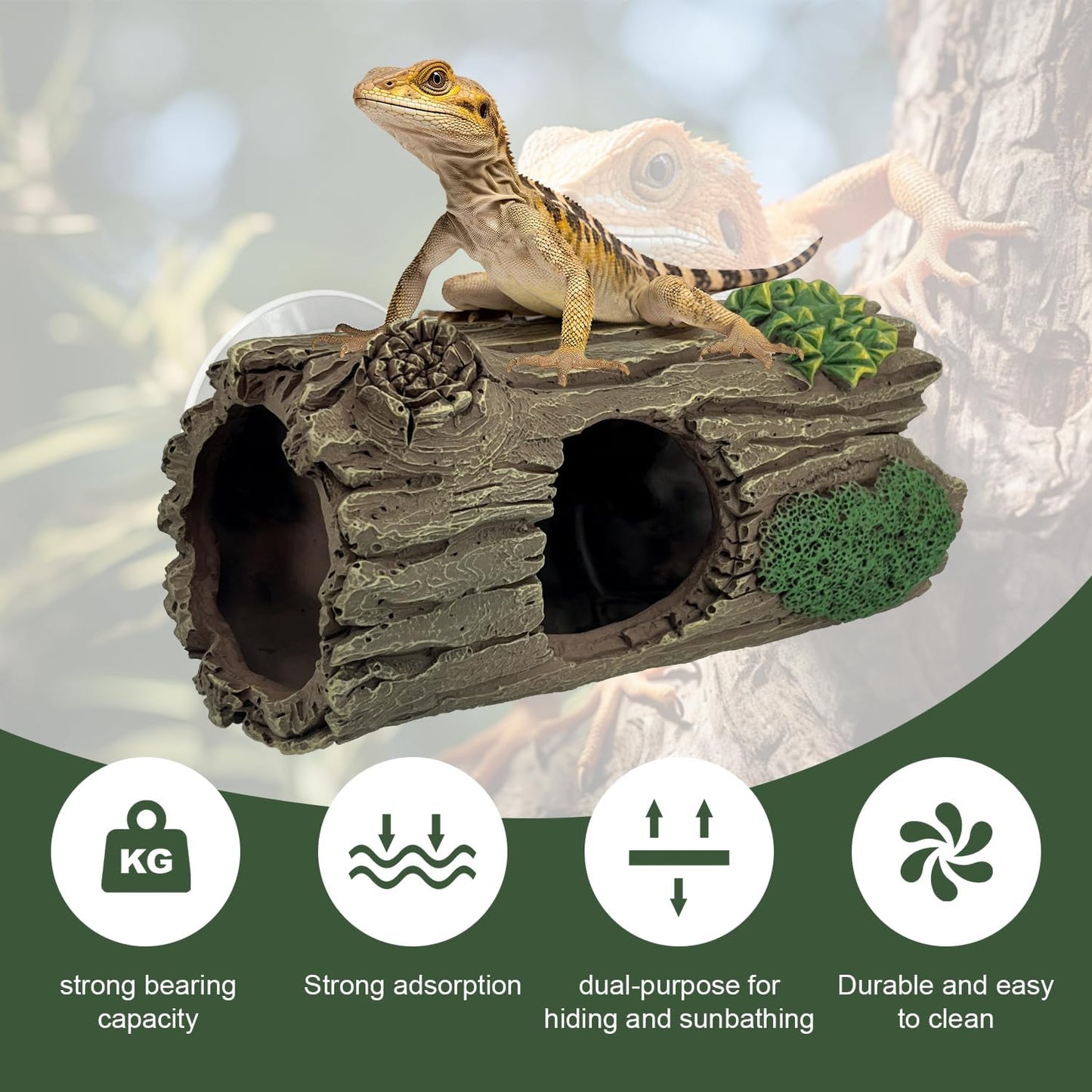 Reptile Hide, Resin Hollow Log Cave with Two Strong Suction Cups,Gecko Tank Accessories Climbing Toy– Climbing Decoration and Hideout for Lizards, Geckos, Snakes, Hermit Crabs, and Frogs