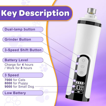 Pet Nail Grinder Dog Claw Care Pets Grooming Dog Nail Grinder Dog Nail Trimmer Painless Paws Grooming Smoothing for Small Dogs Cats 3 Speeds 2000mAh Battery for Gentle Pet Grooming