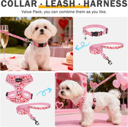SCENEREAL Valentine's Day No Pull Dog Harness Collar Leash Set for Small Sized Dogs, Soft Mesh Step in Plaid Harnesses for Fall Winter, Adjustable Pet Vest for Outdoor Walking Training and Running, XS