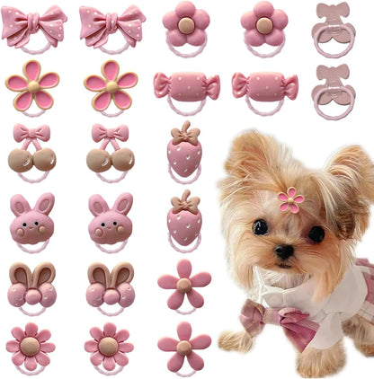 20 Pcs Light Pink Small Dog Hair Bows with Rubber Bands Puppy Bows for Ears Cute Grooming Flower Bowknot Strawberries Topknot Dog Hair Accessories for Small Dogs Girl Hair Ties for Yorkie Shih tzu