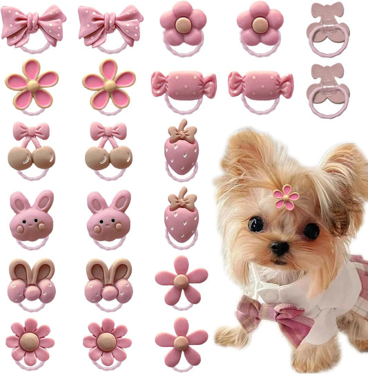 20 Pcs Light Pink Small Dog Hair Bows with Rubber Bands Puppy Bows for Ears Cute Grooming Flower Bowknot Strawberries Topknot Dog Hair Accessories for Small Dogs Girl Hair Ties for Yorkie Shih tzu