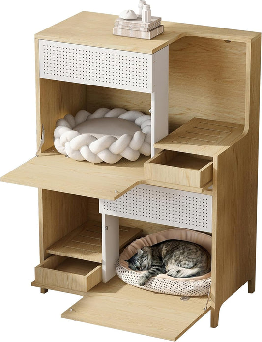 Merax Pet Theme Bookcase Storage Shelf for Cat Lover, Multi-use Cabinet Cat Litter Box House with 2 Flip-Down Door for Easy Cleaning, L-31.4", H-44.8”, Natural Color