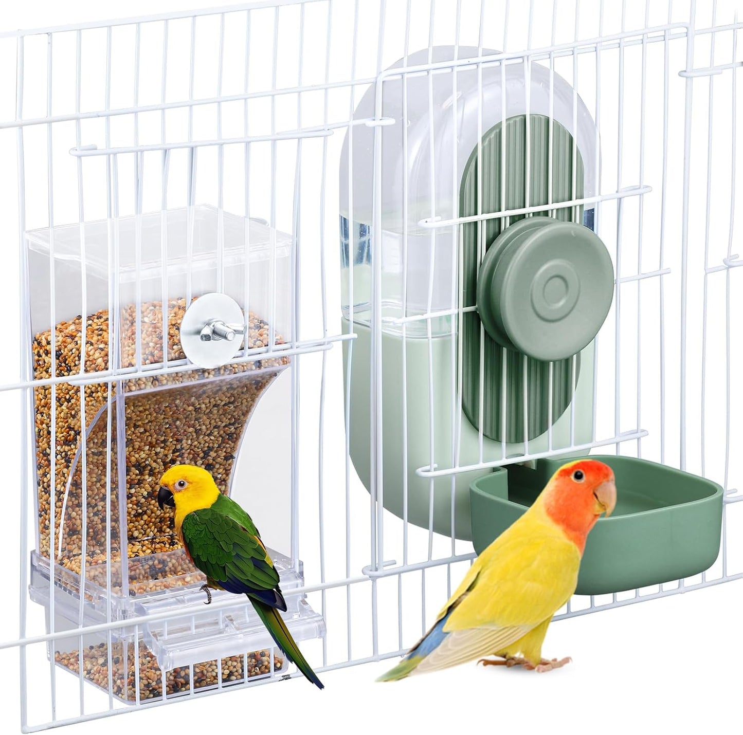 No Mess Bird Feeder & Water Dispenser Set - Automatic Feeding & Hydration, Parakeet Cage Accessories for Parrots, Cockatiels, Finches, Lovebirds & Budgies