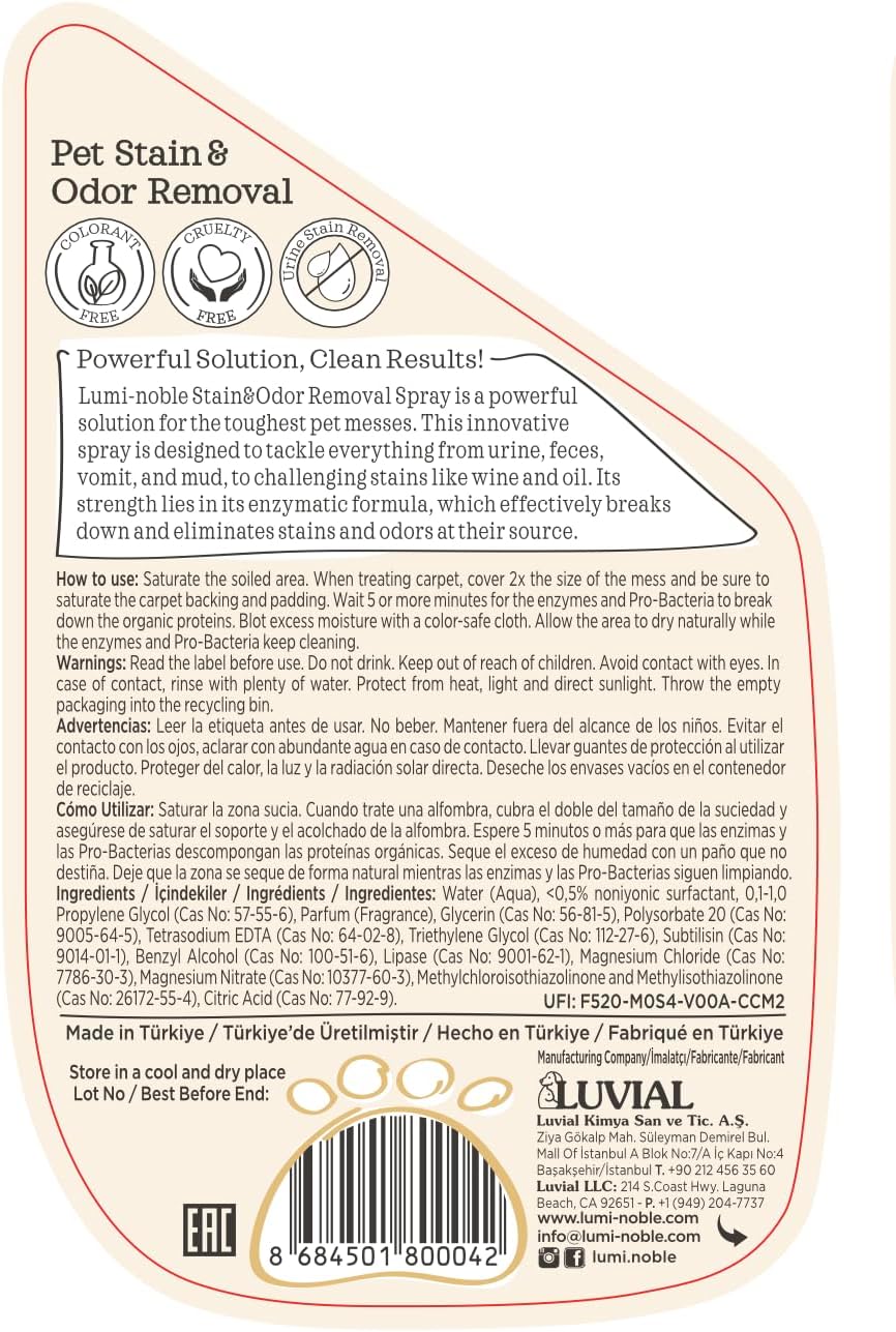 Lumi-Noble Pet Stain & Odor Remover Spray – enzyme cleaner for dog urine and poop carpet, Upholstery & Fabrics – Eliminates Cat Pee, Feces, Vomit & Tough Stains, Eco-Friendly, Vegan, Citrus Scent