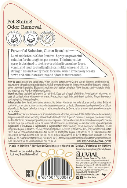 Lumi-Noble Pet Stain & Odor Remover Spray – enzyme cleaner for dog urine and poop carpet, Upholstery & Fabrics – Eliminates Cat Pee, Feces, Vomit & Tough Stains, Eco-Friendly, Vegan, Citrus Scent