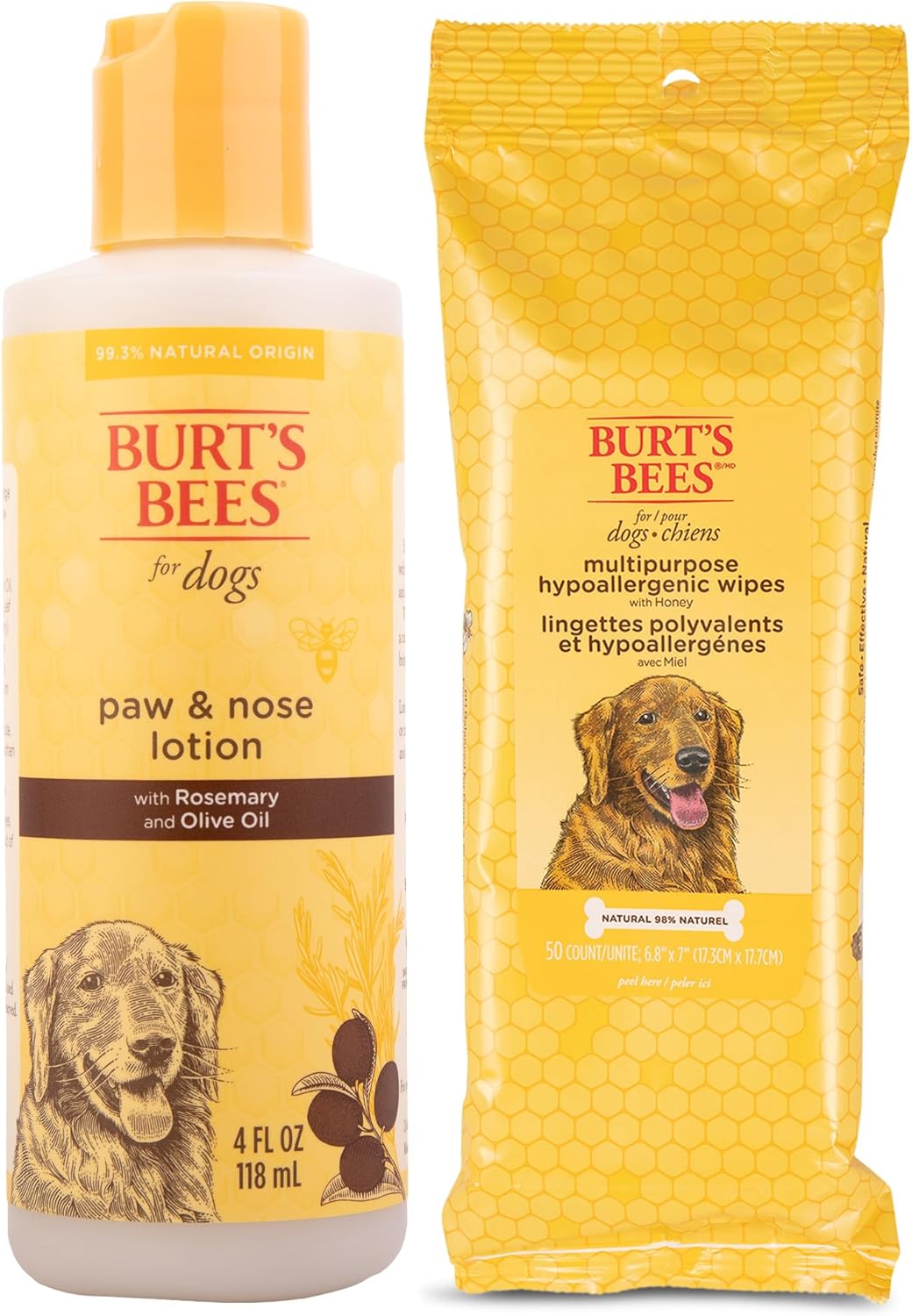 BURT'S BEES FOR PETS Dog Care Bundle: Nose & Paw Lotion, 4oz, Plus Hypoallergenic Wipes for Dogs, 50ct Naturally Derived Ingredients, Moisturizing Care for Canines