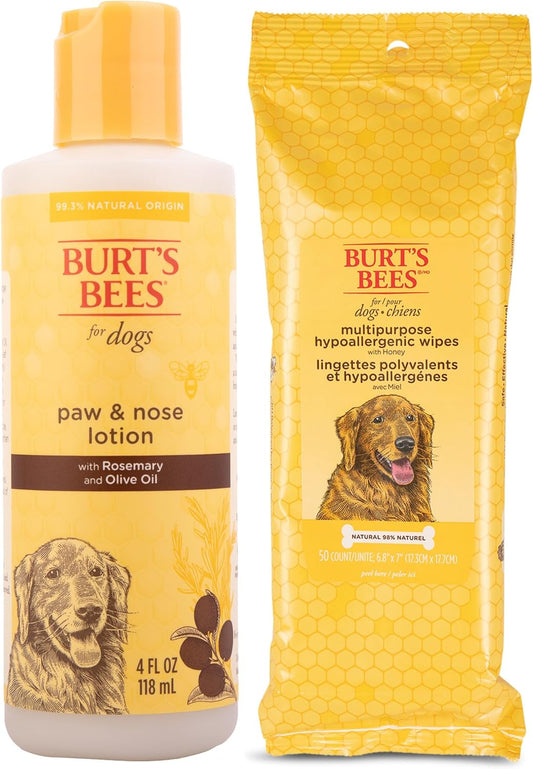 BURT'S BEES FOR PETS Dog Care Bundle: Nose & Paw Lotion, 4oz, Plus Hypoallergenic Wipes for Dogs, 50ct Naturally Derived Ingredients, Moisturizing Care for Canines