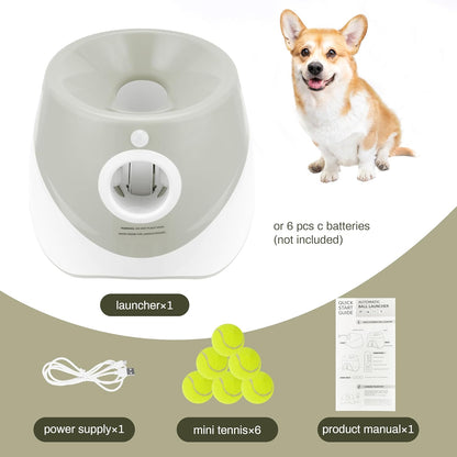 Elevon Dog Ball Thrower Launcher, Indoor/Outdoor Automatic Ball Launcher for Small and Medium-Sized Dogs, Includes 6 Mini Tennis Balls and a Data Line, Grey