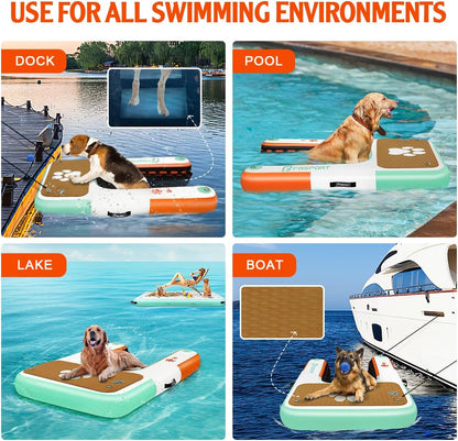 FBSPORT Inflatable Dog Boat Ramp Floating Dock Water Ramp Ladder for Pool, Boat, Non-Slip EVA Floating Ladder for Dog Up to 220 LBs, Safe & Easy Access