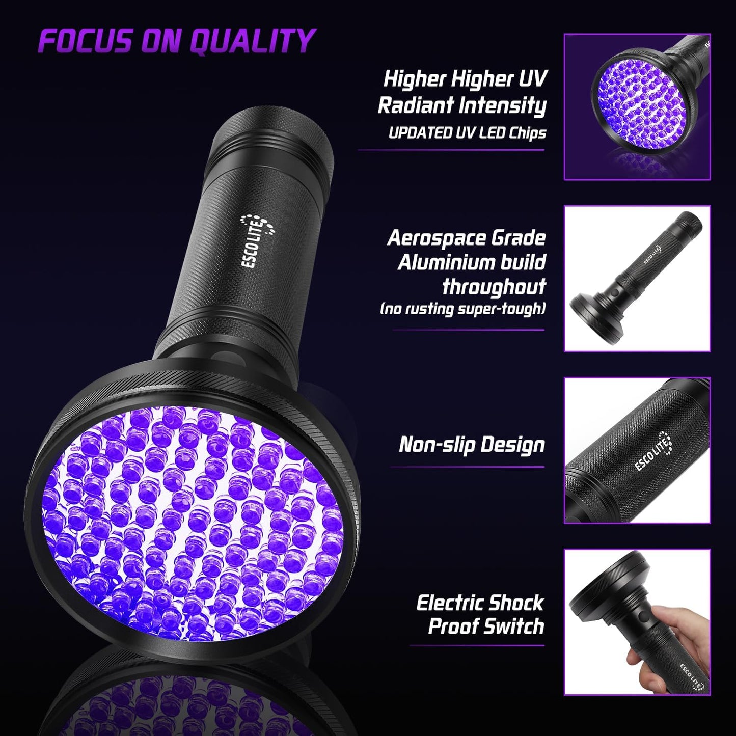 ESCO LITE UV Flashlight Black Light, 100 LED 395 nM Ultraviolet Flashlights UV Blacklight Detector for Dog Urine, Pet Stains and Bed Bug