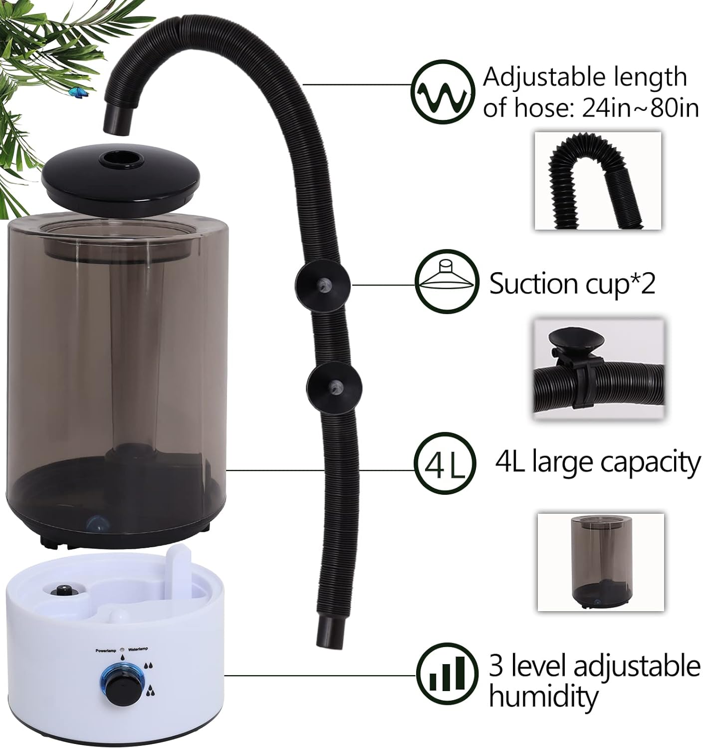 4L Reptile Humidifier Fogger with Extended Hose - Adjustable & Quiet Fogger/Mister for Chameleon, Bearded Dragon, Amphibians - Large Capacity(White)