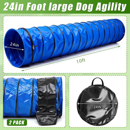 24 in 10 Foot PVC Dog Agility Tunnel with Sandbags Dogs Agility Training Equipment Tunnel with 2 Pack Sandbags, Carry Bag and 4 Ground Spikes for All Medium and Large Dogs Outdoor Sports
