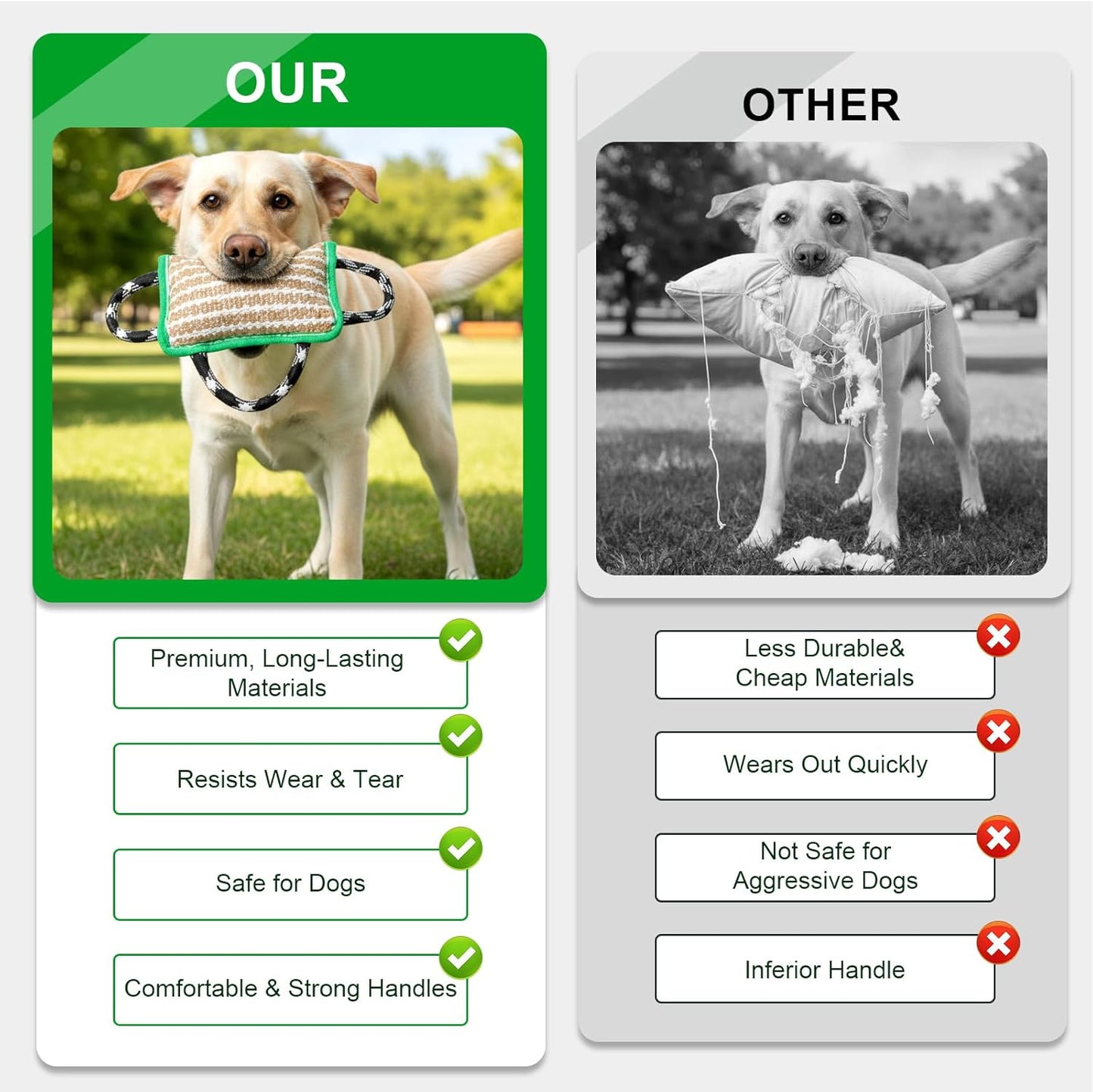 Durable Dog Jute Bite Pillow, 9.8“ x 6.7” Safe Biting Pad with 3 Strong Handles, Safe Tough Jute Tug of War Toy for Medium to Large Dogs Puppy Training, Green