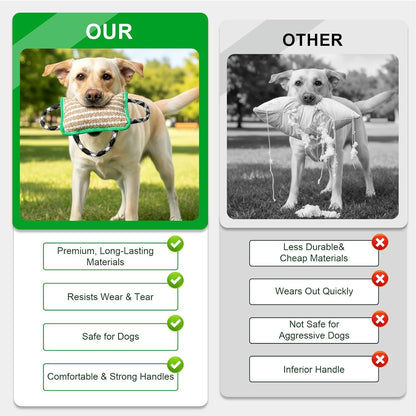 Durable Dog Jute Bite Pillow, 9.8“ x 6.7” Safe Biting Pad with 3 Strong Handles, Safe Tough Jute Tug of War Toy for Medium to Large Dogs Puppy Training, Green