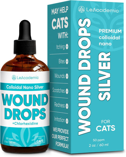 Cat Wound Care in Drops | Cat Cone May Be Beneficial Here | Nano Silver + Chlorhexidine in the Composition to Care the Skin with Bites, Scratches, Redness, Irritation, and Sutures After Surgery | 2 Oz