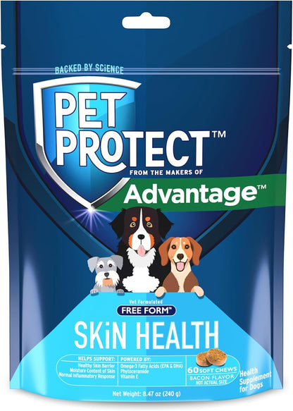 Pet Protect Skin Health Supplement for Dogs, Proprietary Free Form Blend, Bacon-Flavored Soft Chews (60 Count)
