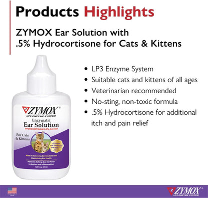 Zymox Enzymatic Ear Solution with 0.5% Hydrocortisone for Cats & Kittens, 1.25 oz. – Cleans & Refreshes Ear Canal for Relief from Wax, Dirt Buildup, Itchiness, Irritation, Inflammation & Redness