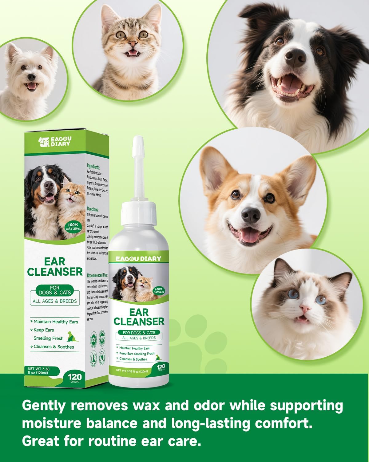 Cat & Dog Ear Cleaner - Gentle Cat & Dog Ear Cleaning Solution, Removes Debris, Wax Buildup, Odor, Itch Relief, 120ml Pet Ears Wash and Care with Aloe Barbadensis, Lavender, Chamomile, Non-Irritating